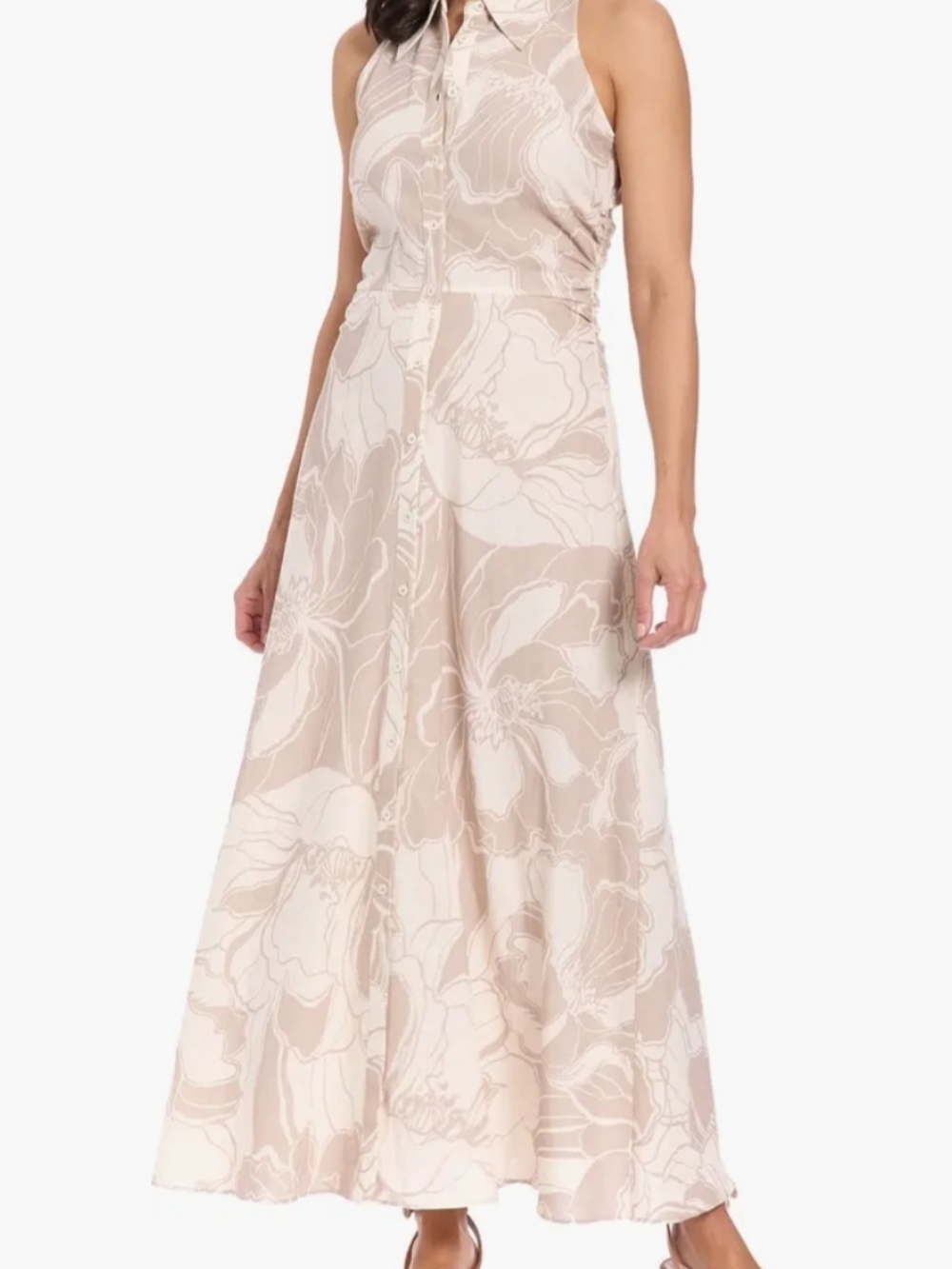 London Times Sleeveless Floral Button-Front Maxi Dress in Beige and White